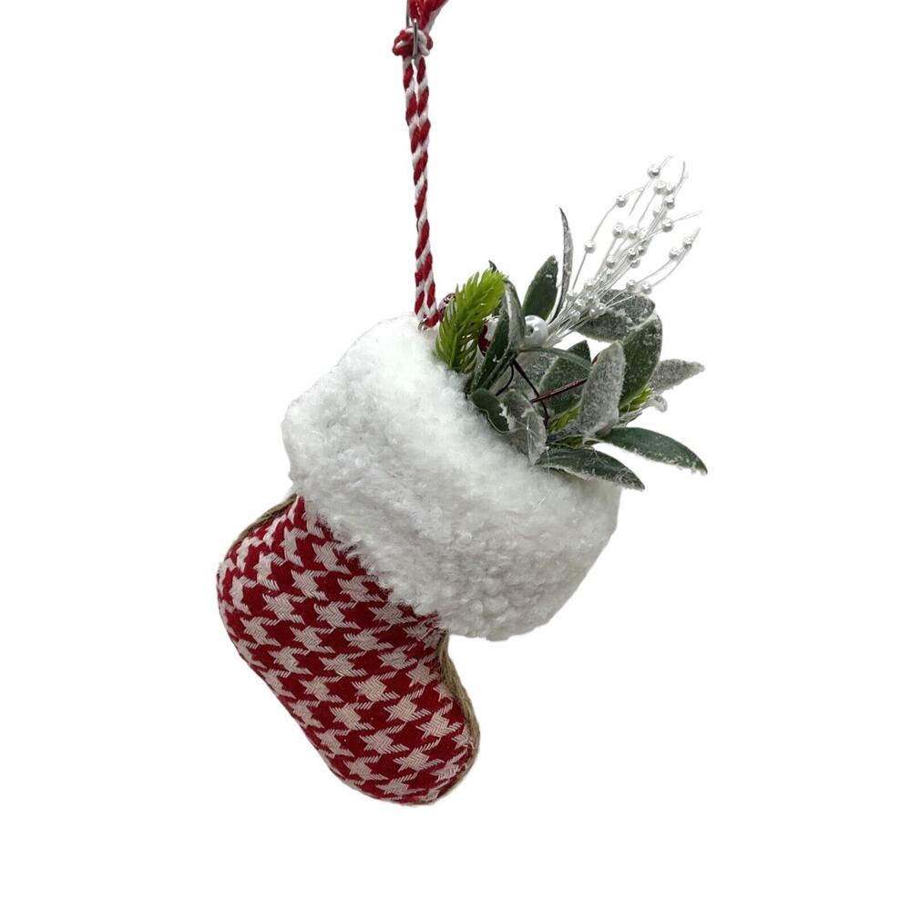 2 Red White Plaid Christmas Stocking Ornaments Farmhouse Hand Decorated - Picture 2 of 4